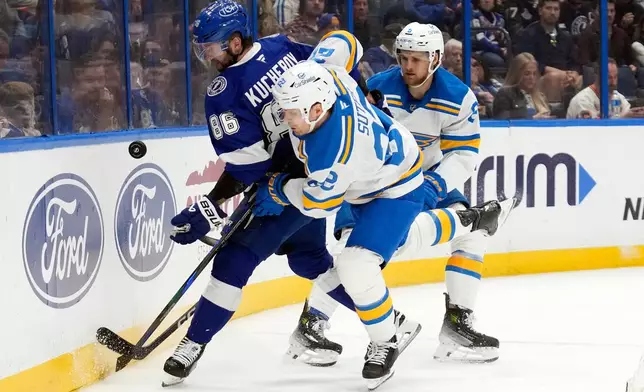 Tampa Bay Lightning right wing Nikita Kucherov (86) plays the puck against St. Louis Blues center Pius Suter (22) and defenseman Philip Broberg (6) during the second period of an NHL hockey game Monday, Dec. 22, 2025, in Tampa, Fla. (AP Photo/Chris O'Meara)