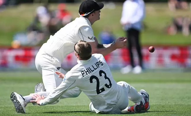 New Zealand fielders Blair Tickner, left, and Glenn Phillips are unable to field a ball while playing the West Indies on Day 5 of their cricket test match in Christchurch, New Zealand, Saturday, Dec. 6, 2025. (Andrew Cornaga/Photosport via AP)