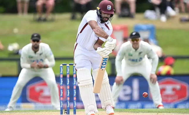 West Indies' John Campbell bats against New Zealand on Day 4 of their cricket test match in Christchurch, New Zealand, Friday, Dec. 5, 2025. (Andrew Cornaga/Photosport via AP)