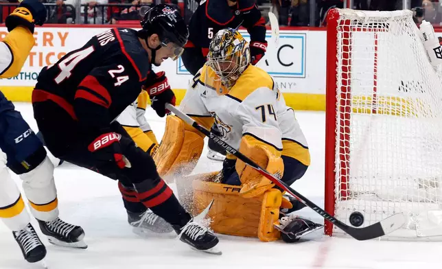 Carolina Hurricanes' Seth Jarvis (24) tries to shoot the puck past Nashville Predators goaltender Juuse Saros (74) during the second period of an NHL hockey game in Raleigh, N.C., Saturday, Dec. 6, 2025. (AP Photo/Karl DeBlaker)