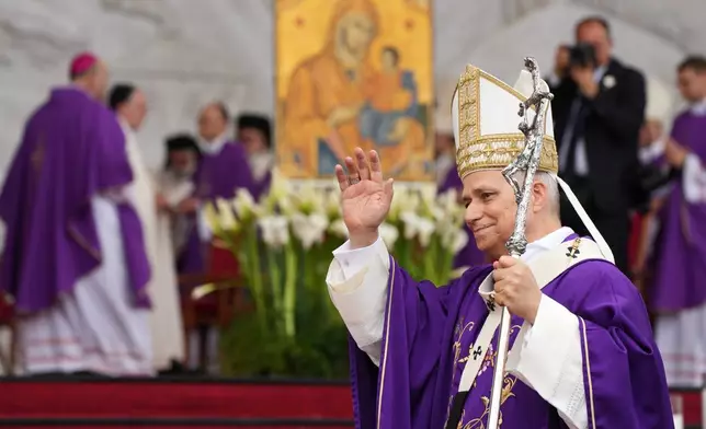 Pope Leo XIV arrives to celebrate a Holy Mass at Beirut's waterfront in Beirut, Lebanon Tuesday, Dec. 2, 2025. (AP Photo/Domenico Stinellis)
