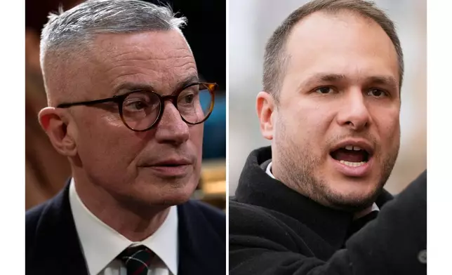 This combination image shows Jim McGreevey, left, in Trenton, N.J., Jan. 10, 2023, and James Solomon, Nov. 25, 2025, in Jersey City, N.J. (AP Photo/Matt Rourke, Frank Franklin II, file)