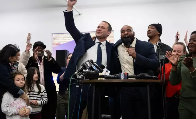 Jersey City Mayor-elect James Solomon gestures during his speech at a watch party, Tuesday, Dec. 2, 2025, in Jersey City, N.J. (AP Photo/Yuki Iwamura)