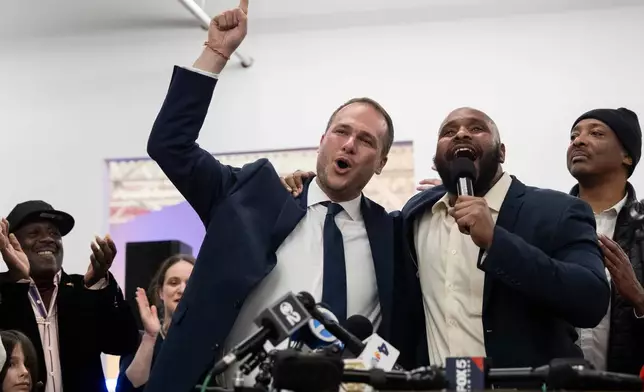 Jersey City Mayor-elect James Solomon gestures during his speech at a watch party, Tuesday, Dec. 2, 2025, in Jersey City, N.J. (AP Photo/Yuki Iwamura)