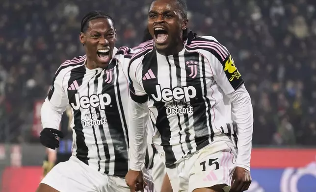 Juventus' Pierre Kalulu celebrates after scoring a goal during the Serie A soccer match between Pisa and Juventus in Pisa, Italy, Saturday, Dec. 27, 2025. (Marco Bucco/LaPresse via AP)