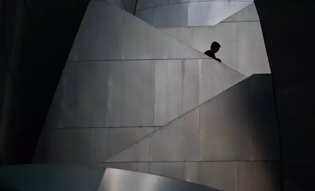 FILE - Visitors walk down the steps of the Walt Disney Concert Hall designed by architect Frank Gehry, in Los Angeles, Jan. 12, 2018. (AP Photo/Jae C. Hong)