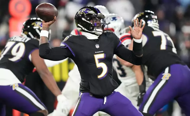 Baltimore Ravens quarterback Tyler Huntley (5) passes against the New England Patriots during the second half of an NFL football game, Sunday, Dec. 21, 2025, in Baltimore. (AP Photo/Stephanie Scarbrough)