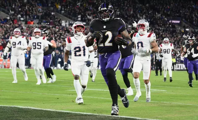 Baltimore Ravens running back Derrick Henry (22) runs for a touchdown during the first half of an NFL football game against the New England Patriots, Sunday, Dec. 21, 2025, in Baltimore. (AP Photo/Nick Wass)