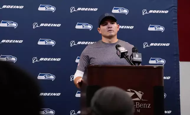 Seattle Seahawks head coach Mike Macdonald speaks during a press conference after an NFL football game against the Atlanta Falcons, Sunday, Dec. 7, 2025, in Atlanta. (AP Photo/Brynn Anderson)