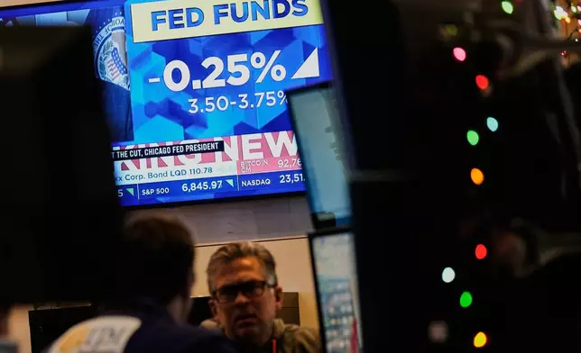 Financial information is displayed while traders work on the floor at the New York Stock Exchange in New York, Wednesday, Dec. 10, 2025. (AP Photo/Seth Wenig)