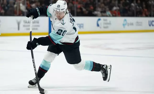 Seattle Kraken right wing Eeli Tolvanen shoots during the second period of an NHL hockey game against the Anaheim Ducks, Monday, Dec. 22, 2025, in Anaheim, Calif. (AP Photo/Kyusung Gong)