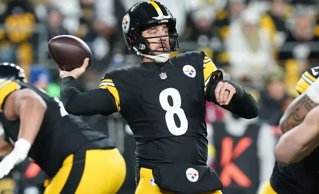 Pittsburgh Steelers quarterback Aaron Rodgers (8) throws during the first half of an NFL football game against the Buffalo Bills Sunday, Nov. 30, 2025, in Pittsburgh. (AP Photo/Matt Freed)