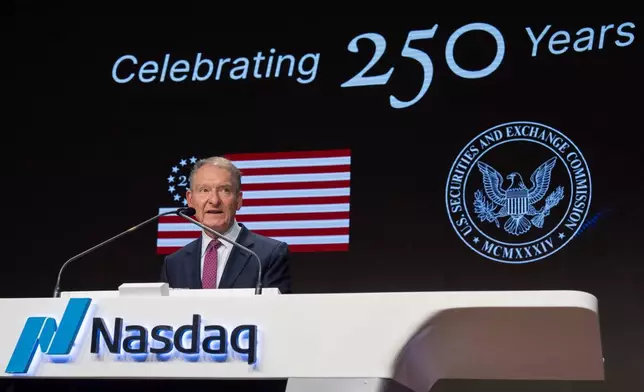 Paul Atkins, Chairman of the U.S. Securities and Exchange Commission, speaks during a closing bell ceremony at the Nasdaq MarketSite, Tuesday, Dec. 2, 2025, in New York. (AP Photo/Yuki Iwamura)