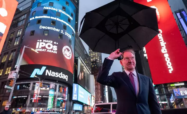 Paul Atkins, Chairman of the U.S. Securities and Exchange Commission, poses during a closing bell ceremony outside the Nasdaq MarketSite, Tuesday, Dec. 2, 2025, in New York. (AP Photo/Yuki Iwamura)