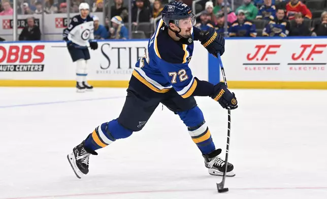 St. Louis Blues defenseman Justin Faulk (72) shoot and scores a goal against the Winnipeg Jets during the second period of an NHL hockey game on Wednesday, Dec. 17, 2025, in St. Louis. (AP Photo/Joe Puetz)