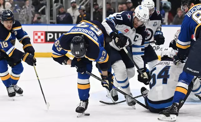 St. Louis Blues left wing Jake Neighbours (63), left, battles Winnipeg Jets center Adam Lowry (17) for the puck during the second period of an NHL hockey game on Wednesday, Dec. 17, 2025, in St. Louis. (AP Photo/Joe Puetz)