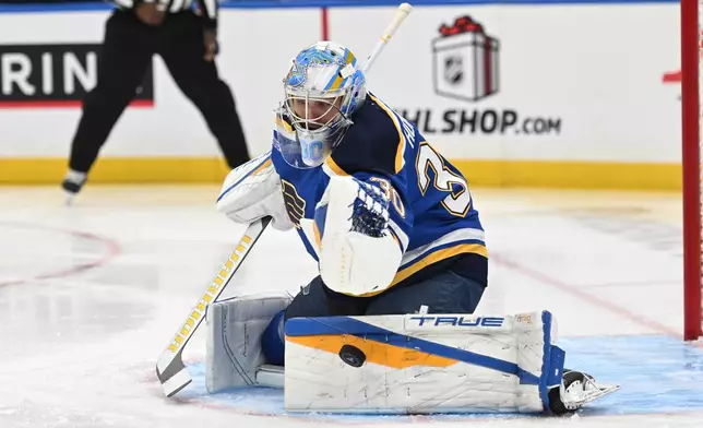 St. Louis Blues goaltender Joel Hofer (30) blocks a shot from the Winnipeg Jets during the first period of an NHL hockey game on Wednesday, Dec. 17, 2025, in St. Louis. (AP Photo/Joe Puetz)