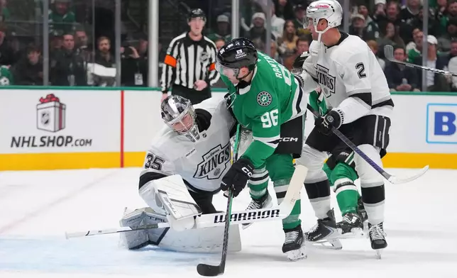 Los Angeles Kings goaltender Darcy Kuemper, left, collides with Dallas Stars right wing Mikko Rantanen during the first period of an NHL hockey game Monday, Dec. 15, 2025, in Dallas. (AP Photo/Julio Cortez)