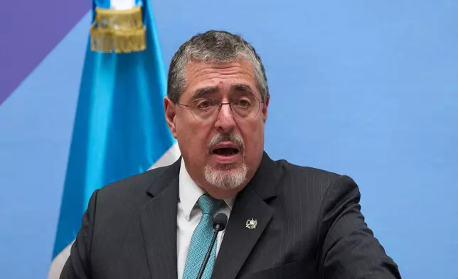 FILE - Guatemalan President Bernardo Arévalo gives a press conference in Guatemala City, Oct. 21, 2025. (AP Photo/Moises Castillo, File)