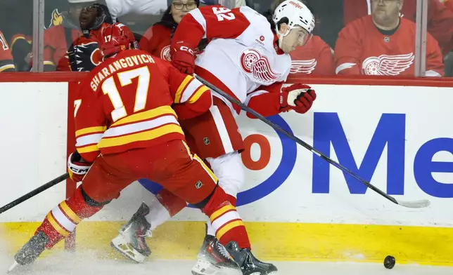 Detroit Red Wings' Marco Kasper (32) takes a hit from Calgary Flames' Yegor Sharangovich (17) during the first period of an NHL hockey game in Calgary, Alberta, on Wednesday, Dec. 10, 2025. (Larry MacDougal/The Canadian Press via AP)