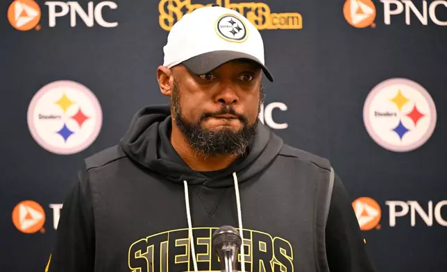 Pittsburgh Steelers head coach Mike Tomlin speaks during a news conference after an NFL football game against the Cleveland Browns, Sunday, Dec. 28, 2025, in Cleveland. (AP Photo/David Richard)