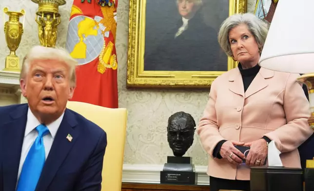 FILE - White House chief of staff Susie Wiles listens as President Donald Trump meets with Israel's Prime Minister Benjamin Netanyahu in the Oval Office of the White House, Feb. 4, 2025, in Washington. (AP Photo/Evan Vucci, File)