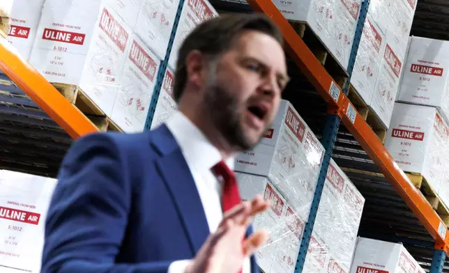 Vice President JD Vance delivers remarks at Uline Inc. in Allentown, Pa., Tuesday, Dec. 16, 2025. (Tom Brenner/The New York Times via AP, Pool)