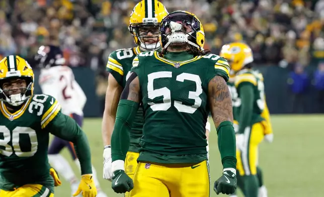 Green Bay Packers defensive end Arron Mosby (53) celebrates during the second half against the Chicago Bears in an NFL football game Sunday, Dec. 7, 2025, in Green Bay, Wis. (AP Photo/Mike Roemer)