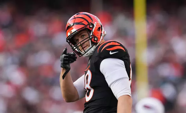 Cincinnati Bengals tight end Mike Gesicki reacts after a play during the second half of an NFL football game against the Arizona Cardinals, Sunday, Dec. 28, 2025, in Cincinnati. (AP Photo/Jeff Dean)