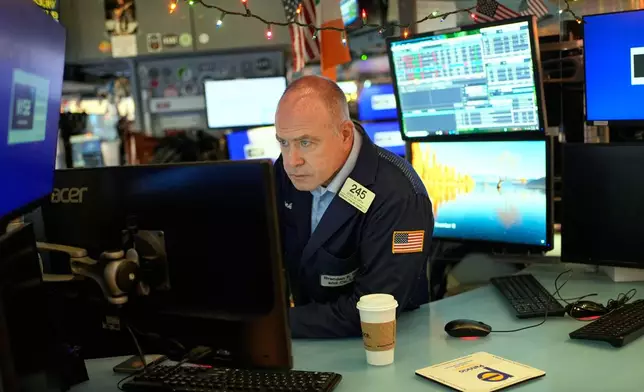 Derek Orth works on the floor at the New York Stock Exchange in New York, Wednesday, Dec. 10, 2025. (AP Photo/Seth Wenig)