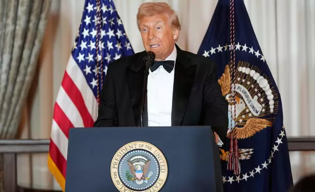 President Donald Trump speaks at a Kennedy Center Honors reception for recipients Sylvester Stallone, George Strait, Kiss, Gloria Gaynor and Michael Crawford at the State Department, Saturday, Dec. 6, 2025, in Washington. (AP Photo/Julia Demaree Nikhinson)