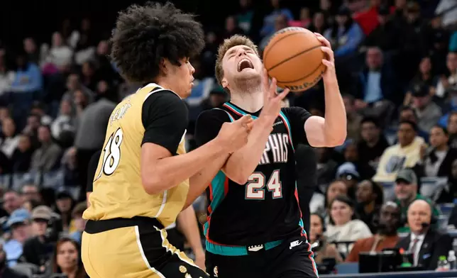 Memphis Grizzlies guard Cam Spencer (24) handles the ball against Washington Wizards forward Kyshawn George (18) in the first half of an NBA basketball game Saturday, Dec. 20, 2025, in Memphis, Tenn. (AP Photo/Brandon Dill)