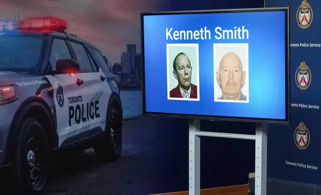 Images of Kenneth Smith are displayed as police provide a development in three historical homicide investigations, Thursday, Dec. 11, 2025, during a news conference at police headquarters in Toronto. (Chris Young/The Canadian Press via AP)