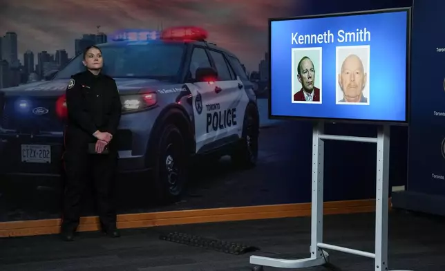 Images of Kenneth Smith are displayed as police provide a development in three historical homicide investigations, Thursday, Dec. 11, 2025, during a news conference at police headquarters in Toronto. (Chris Young/The Canadian Press via AP)