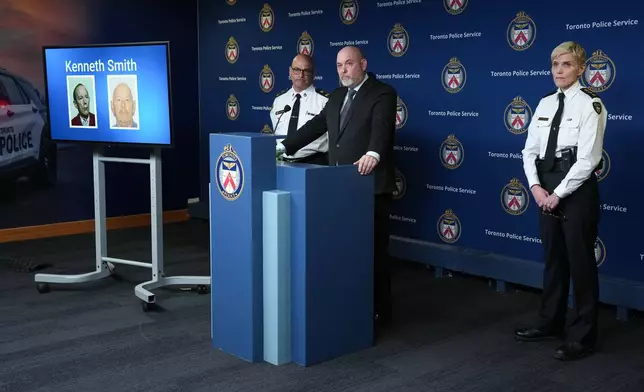 Detective Sergeant Steve Smith of the Cold Case Unit, center, Deputy Chief Rob Johnson, left, and Chief Superintendent Karen Gonneau of the Ontario Provincial Police provide a development in three historical homicide investigations, Thursday, Dec. 11, 2025, during a news conference at police headquarters in Toronto. (Chris Young/The Canadian Press via AP)