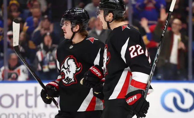 Buffalo Sabres right wing Jack Quinn (22) celebrates his goal with left wing Zach Benson, left, during the first period of an NHL hockey game against the Philadelphia Flyers Thursday, Dec. 18, 2025, in Buffalo, N.Y. (AP Photo/Jeffrey T. Barnes)