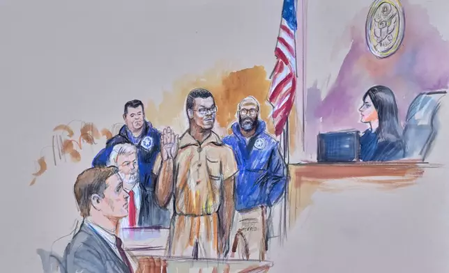 This courtroom sketch depicts Brian Cole Jr., 30, of Woodbridge, Va., the man accused of planting a pair of pipe bombs outside the headquarters of the Republican and Democratic national parties on Jan. 5, 2021, in Washington, being sworn in, Friday, Dec. 5, 2025 before U.S. Magistrate Moxila Upadhyaya, at Federal Court in Washington, as U.S. Attorney Charles Jones, seated left, and Defense Attorney John Shoreman, seated center, look on. (Dana Verkouteren via AP)