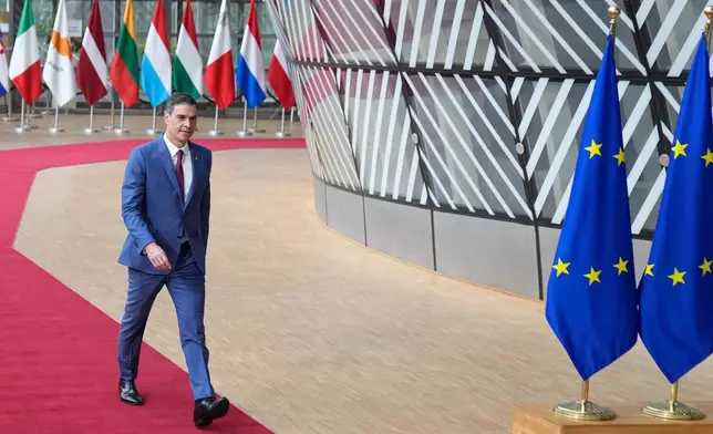 FILE - Spain's Prime Minister Pedro Sanchez arrives for an EU summit at the European Council building in Brussels, Thursday, June 29, 2023. (AP Photo/Virginia Mayo, File)