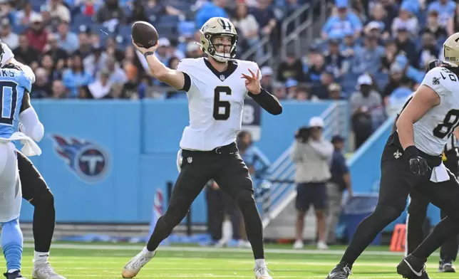 New Orleans Saints quarterback Tyler Shough (6) passes against the Tennessee Titans in the second half of an NFL football game, Sunday, Dec. 28, 2025, in Nashville, Tenn. (AP Photo/John Amis)