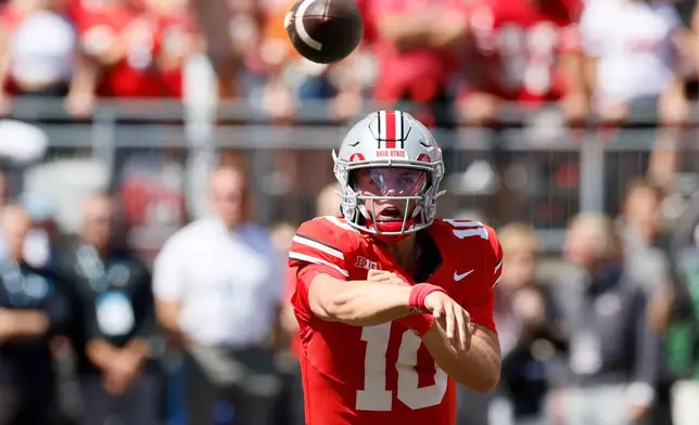 FILE - Ohio State quarterback Julian Sayin plays against Texas during an NCAA college football game, Saturday, Aug. 30, 2025, in Columbus, Ohio. (AP Photo/Jay LaPrete, File)