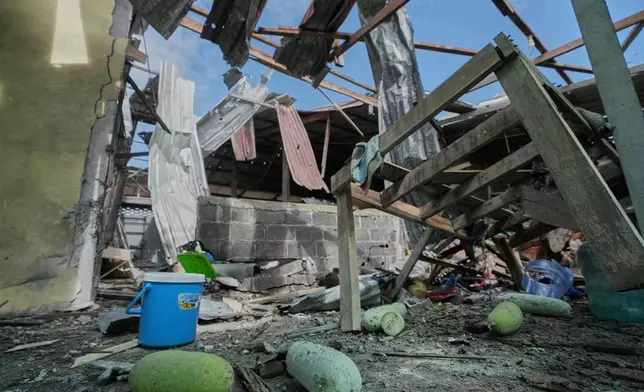 This shows a house which, Thai local security forces say, was damaged by a Cambodian artillery in Surin province, Thailand, Thursday, Dec. 11, 2025. (AP Photo/Sakchai Lalit)