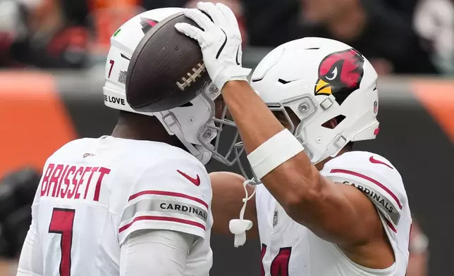 Arizona Cardinals wide receiver Michael Wilson, right, celebrates with teammates after scoring a touchdown during the first half of an NFL football game against the Cincinnati Bengals, Sunday, Dec. 28, 2025, in Cincinnati. (AP Photo/Joshua A. Bickel)