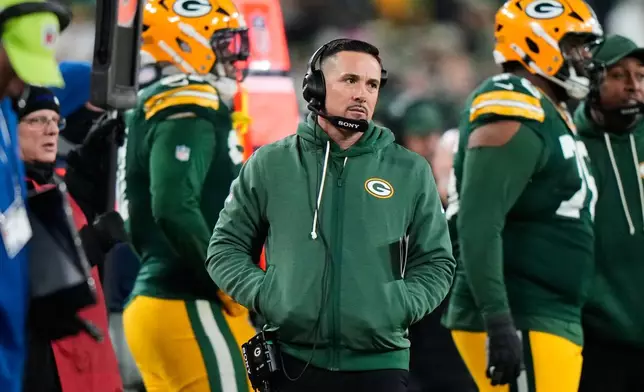 Green Bay Packers head coach Matt Lafleur watches during the second half of an NFL football game against the Baltimore Ravens, Saturday, Dec. 27, 2025, in Green Bay, Wis. (AP Photo/Morry Gash)