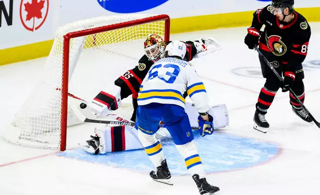 St. Louis Blues' Jake Neighbours (63) scores on Ottawa Senators goaltender Linus Ullmark (35) during the third period of an NHL hockey game in Ottawa, Ontario, Saturday, Dec. 6, 2025. (Spencer Colby/The Canadian Press via AP)