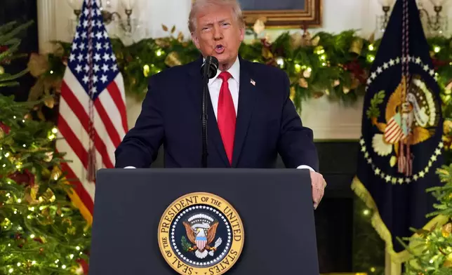 President Donald Trump speaks during an address to the nation from the Diplomatic Reception Room at the White House, Wednesday, Dec. 17, 2025, in Washington. (Doug Mills/The New York Times via AP, Pool)