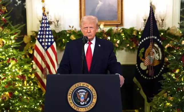 President Donald Trump speaks during an address to the nation from the Diplomatic Reception Room at the White House, Wednesday, Dec. 17, 2025, in Washington. (Doug Mills/The New York Times via AP, Pool)