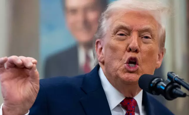 President Donald Trump speaks during a Mexican Border Defense Medal presentation in the Oval Office of the White House, Monday, Dec. 15, 2025, in Washington. (AP Photo/Alex Brandon)