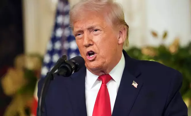 President Donald Trump speaks during an address to the nation from the Diplomatic Reception Room at the White House, Wednesday, Dec. 17, 2025, in Washington. (Doug Mills/The New York Times via AP, Pool)