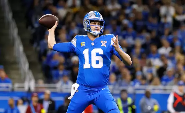 Detroit Lions' Jared Goff passes during the first half of an NFL football game against the Pittsburgh Steelers, Sunday, Dec. 21, 2025, in Detroit. (AP Photo/Rey Del Rio)