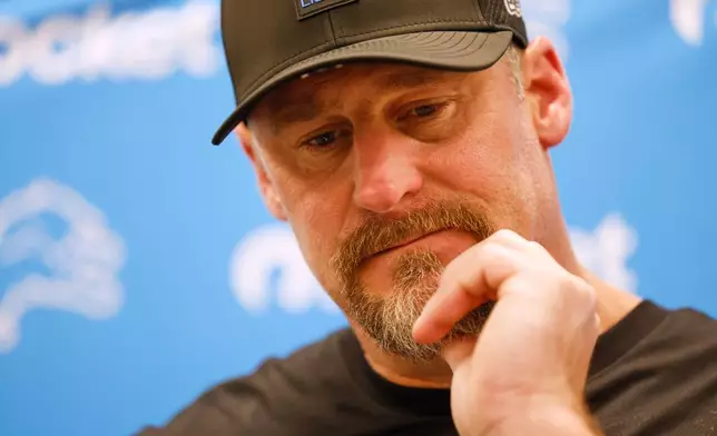 Detroit Lions head coach Dan Campbell answers questions after an NFL football game against the Los Angeles Rams, Sunday, Dec. 14, 2025, in Inglewood, Calif. (AP Photo/Caroline Brehman)